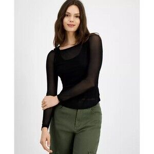 Just Polly Juniors Mesh Two‑Fer Long‑Sleeve Top Sheer Black  NWT Layered Look